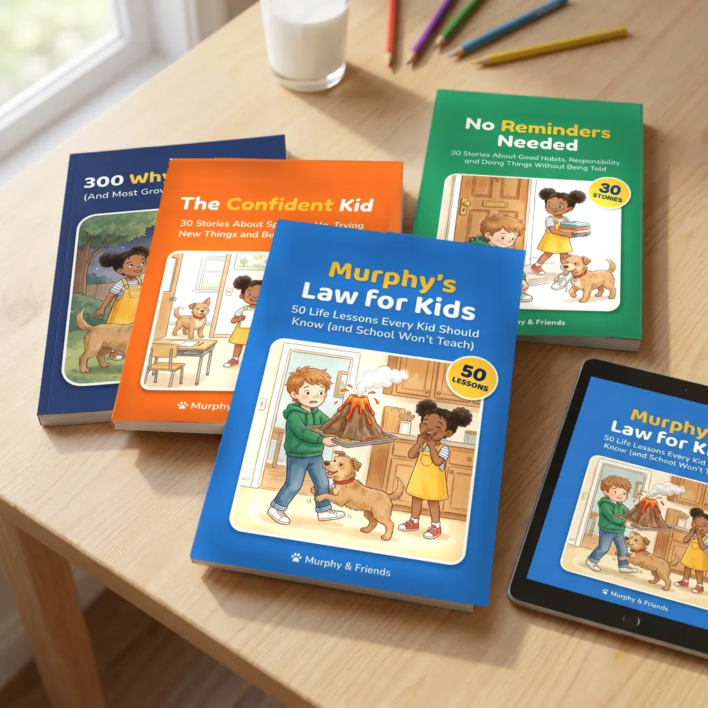 The four Murphy & Friends books and a tablet on a kitchen table
