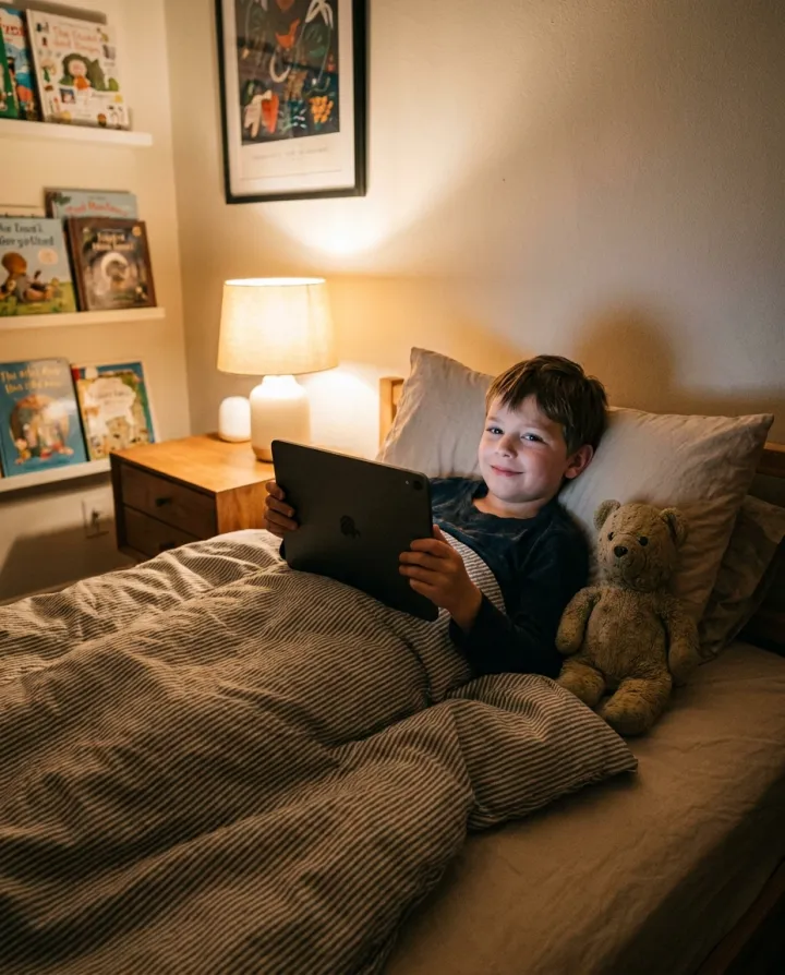 A kid reading on a tablet in bed at night